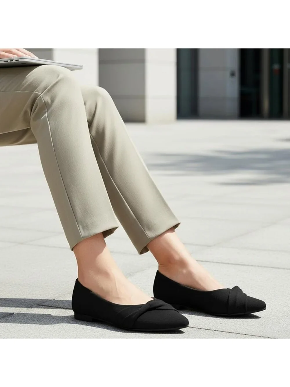 Women's Black Rubber Suede Elegant Bow Knot Pointed Toe Flat Comfortable Shoes